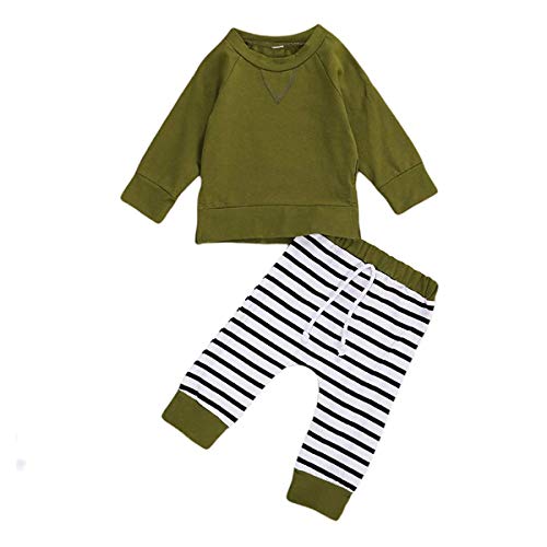 Toddler Baby Boy Long Sleeve Solid Color T-Shirt Pullover Top Drawstring Striped Pants 2Pcs Fall Winter Outfits (Green, 18-24 Months)