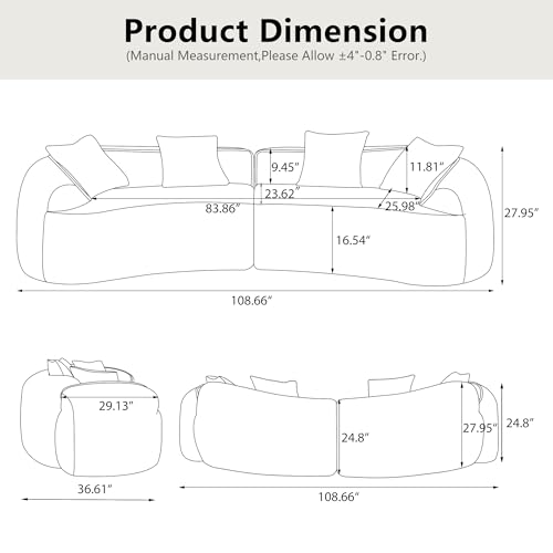 Image of 109-Inch Curved Boneless Modular Sofa Compressed 4-Seat Cloud Couch with 4 Pillows, Modern Curved Boneless Foam Sofa Floor Deep Seat Cloud Couch for Living Room Bedroom