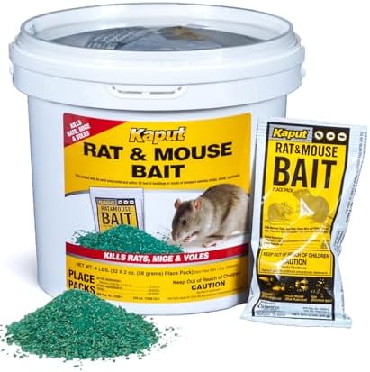 Kaput Rat & Mouse Bait- Effective Warfarin Formula for Rodent Control - Low Toxicity Rat Bait - Indoor & Near-Building Use, 32 Packets, 2 oz Each