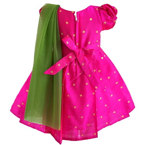 Image of Stanwells Kids Gold & Peach Banarasi Silk Saree Frock for Baby Girls - Traditional Ethnic Dress for Birthday (6 Months-7 Years)