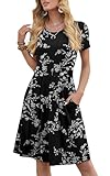 DouBCQ Lässiges Damenkleid, fließend, plissiert, lockere Passform, mit Taschen, Weiße Schnitzereien, schwarz, X-Groß