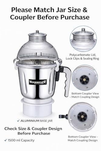 Image of Wonder Star Dome Jar 1500 ml Compatible with All Sujatha Model Mixer Grinder | Aluminium Base Riveted Jar | Leak Proof Silicon Ring | Polycarbonate Lid with 3 Lock Clips