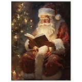 Vintage Christmas Canvas Wall Art - Santa Claus Reading Book Prints Pictures for Wall Decor - Christmas Posters Xmas Wall Decorations 12x16in Unframed for Home Office