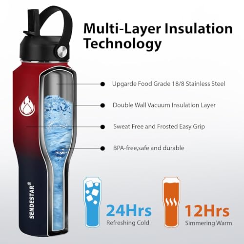 Image of SENDESTAR 32oz Water Bottle Wide Mouth Stainless Steel Vacuum Insulated Double Wall with 2 Straw Lids Fit in Any Car Cup Holder
