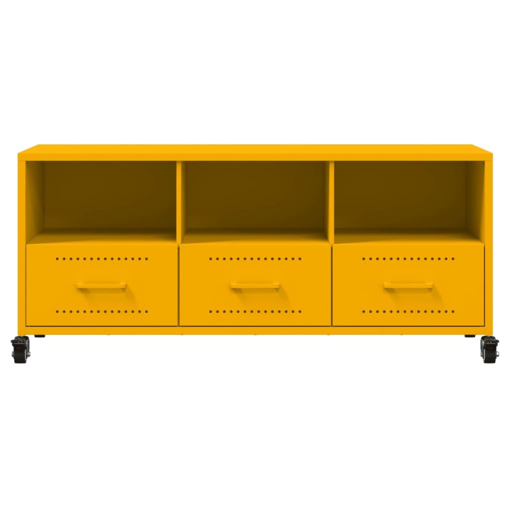 Mobile TV giallo senape, 100,5 x 39 x 43,5 cm, in acciaio laminato a freddo, con 3 cassetti e ruote, moderno, per soggiorno, corridoio e camera da letto