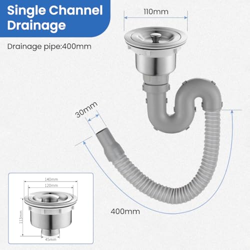 Image of HASTHIP Kitchen Sink Drain Pipe Kit with Universal Fit (3.35 inch-4.33 inch), Stainless Steel Drain Flange U-Shaped P-Trap, Water Retaining Lid, Anti-Clog & Anti-Odor, Robust Flange, for Home Use