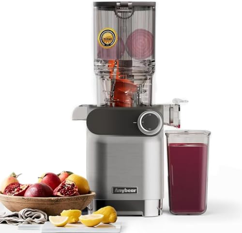 Anybear Kaltpress-Entsafter, 200 W, langsamer Entsafter, 10,9 cm, große Futterschütte, passend für ganze Früchte, Gemüse, verbesserte Schnecke, Tritan-Materialien, BPA-frei, Saftrezepte (Silber)