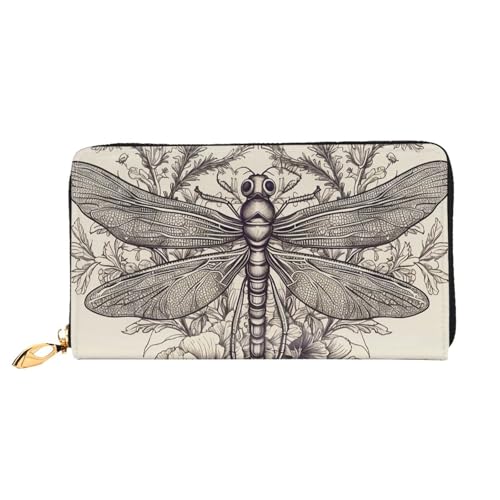 Leather Wallet for Women Men Bifold Wallet Ultra Slim Credit Card Holder Hand Drawn Floral Dragonfly Ladies Clutch Purse
