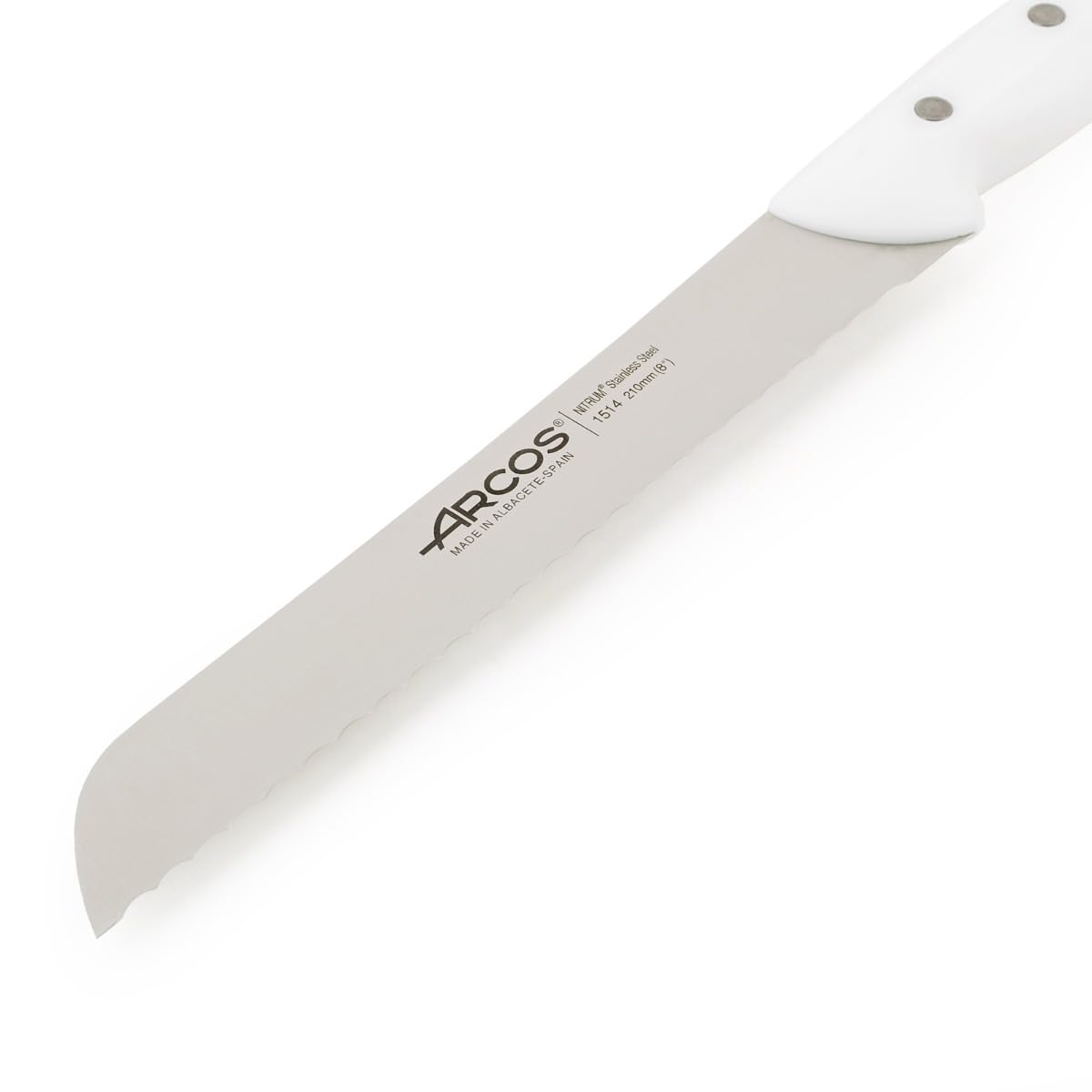 Arcos Artika Cuchillo Panero Acero Inoxidable NITRUM Serrado 210 mm - Mango Polipropileno Blanco - Alta Durabilidad y Corte Preciso - Serie Artika