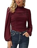 GRACE KARIN Womens High-Neck Shirt Pleated Front Fitted Long Sleeve Blouse Wine Red S