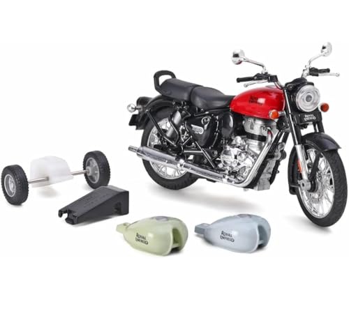 Image of Barodian's Royal Style Enfield Classic Toy Diecast Model Motorcycle with Interchangeable Fuel Tanks, Build Kit, Red and Black Pull Back Action, Detailed Miniature Replica for Collectors and Enthusiasts Classic 350 Bullet Bike DIY Motorcycle [ Multicolor ]