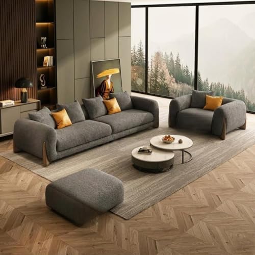 Image of Boucle Fabric Modern Design Sofa with Pillow or Strong Woden Legs Best for Living Room, Halways, Garden (3+1 Seater + Ottoman (Grey))