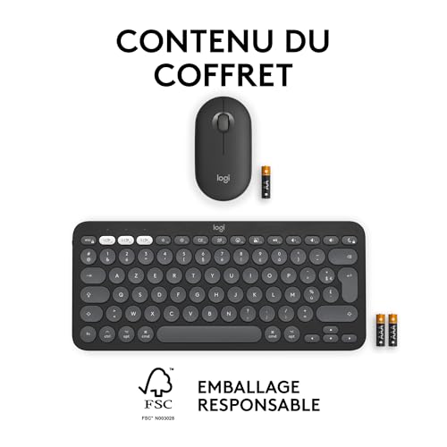 Logitech Pebble 2 Combo, Clavier et Souris sans Fil, discrets et Portables, Personnalisables, Logi Bolt, Bluetooth, Easy-Switch pour Windows, macOS, iPadOS, Chrome - Clavier Français AZERTY, Graphite