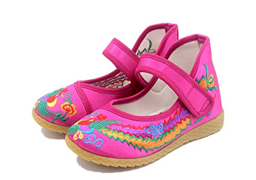 Tianrui Crown Children Girl's Phoenix Embroidery Mary-Jane Shoes Kid's Cute Flat Cheongsam Shoe Rose Red