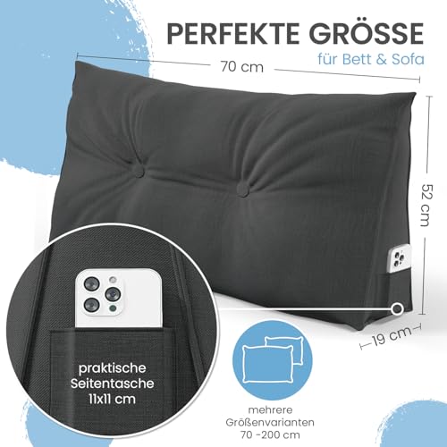 ELONEO Rückenkissen 70 cm breit, Keilkissen für Bett und Sofa geeignet, dreieckiges Lesekissen, Kissen mit abnehmbarem und waschbarem Bezug, mit praktischem Seitenfach