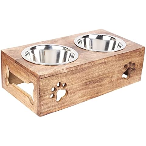 Paw Design Wooden Dog Cat Pet Feeder Station Stand with 2 Stainless Steel Bowls | Raised Cat Bowl Dogs Bowl Elevated Cat Dog | Pet Dining Table for Cats and Puppy | 16 x 8.5 x 5 Inches Cover