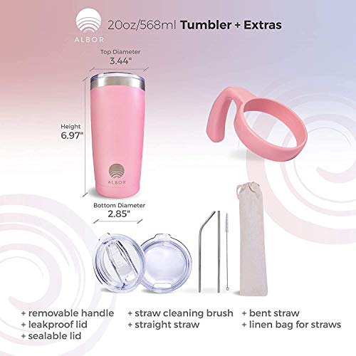 ALBOR Triple Insulated Stainless Steel Tumbler 20 oz Pink Coffee Travel Mug With Handle - Thumbnail 7