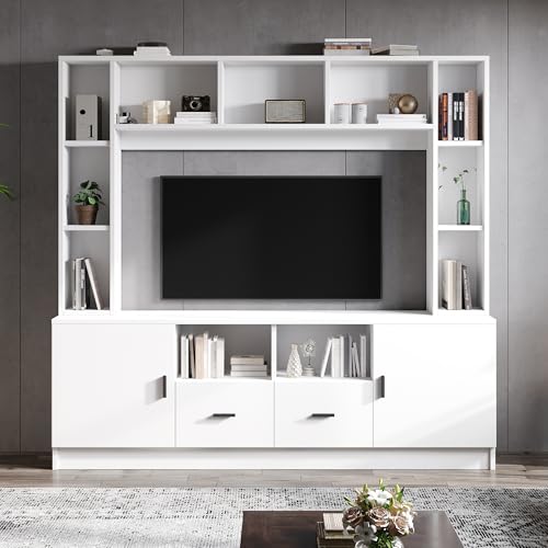 Azkoeesy Mueble de TV blanco con vitrina, 180 x 35 x 170 cm, juego de pared de TV para salón con 2 armarios, 2 cajones, 11 estantes de almacenamiento, pared de montaje, pared de salón, TV de hasta 60