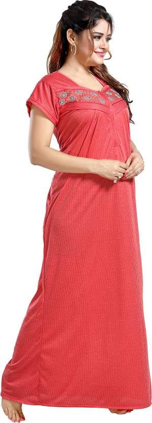 Image of Onekbhalo Women's- Full Sleeves-Feeding- Nursing- Maternity Nighty /Maxi /Gown /Nightdress /Nightwear- Hosiery Cotton Fabric- Floral Print- Embroidery with Zip