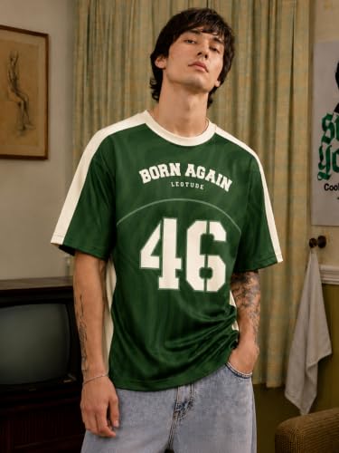 Image of LEOTUDE Men's Graphic Printed Oversized Jersey | Sports & Gym Wear | Half Sleeve Round Neck | Casual Streetwear | Loose Fit T-Shirt for Men's (Color : Green)