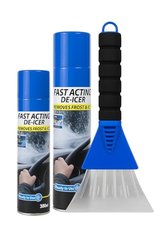 Complete 3-Piece De-Icer Kit – 300ml De-Icer, 600ml De-Icer & Ice Scraper – Super Fast-Acting Ice Remover for Windscreens, Windows & Lock – Winter Care Pack