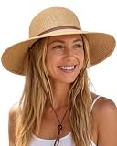 FURTALK Womens Wide Brim Sun Hat with Wind Lanyard UPF Summer Straw Sun Hats for Women Khaki