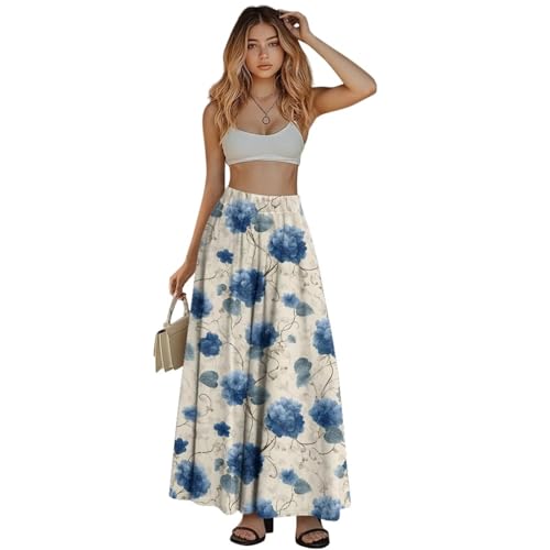 Long Skirts for Women with 2 Side Pockets A-Line Midi Length Skirt Elastic Flowing Half Dress Hawaiian Beach Summer4