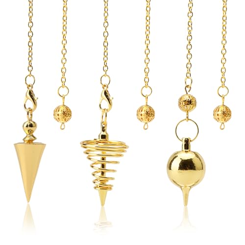 TNSLAND 3 Pièces Pendule Divinatoire, Pendule Radiesthesie, Pendules en Cuivre Doré en Métal pour ésotérisme Divination, Accessoires de Tarot Cadeau D'équilibre Reiki pour Les Amateurs de Tarot