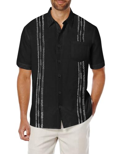 COOFANDY Mens Cuban Guayabera Shirt Short Sleeve Linen Button Down Shirts Casual Summer Beach Tops