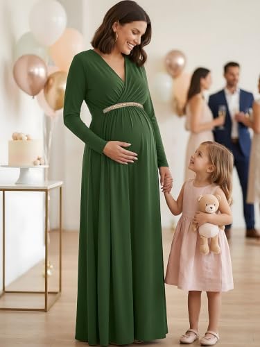 Image of KOH KOH Womens Maternity Long Sleeve V-Neck Flowy Winter Maxi Dress Gown
