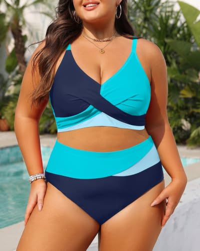 Image of Tempt Me Plus Size High Waisted Two Piece Swimsuit Color Block Bikini Set | Removable Padded Cups for Large Bust, Twist front Design, Color Block Style, Adjustable Straps