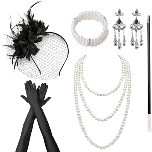 DTAOZFA Accessoire Année 20 Femme Avec collier, Années 1920 Flapper, ensemble d'accessoires 1920 pour femmes, Boucles d'oreilles, bijoux, bandeaux pour carnaval, Halloween, etc.