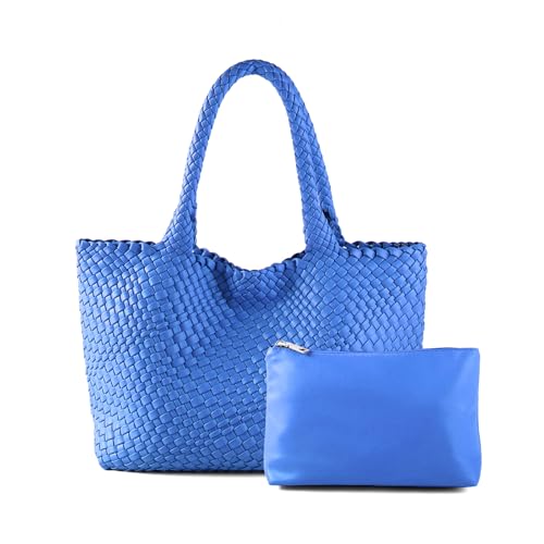 LIKEBAG Woven Tote Bag Womens Purse Vegan Leather Shoulder Handbags Fashion Summer Beach Tote Bags Large Travel Totes (Klein Blue)