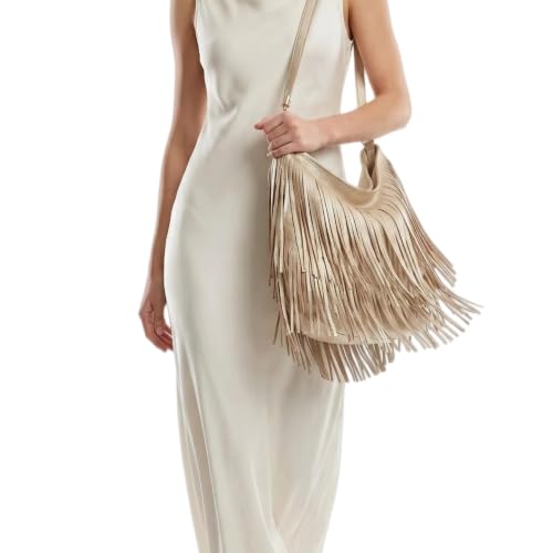 Image of IAMUHI Casual Rivets Fringed Shoulder Handbag for Women,Soft Vegan Leather Hippie Crossbody Purse Bag Hobo Bag