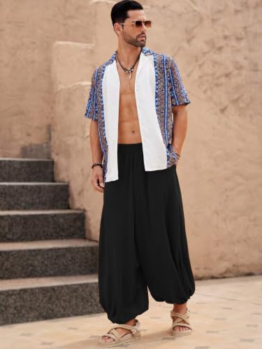 Image of Leriya Fashion Men's Boho Hippie Harem Pants | Black Printed Wide-Leg Trousers | Koren Streetwear Loose Baggy Fit Summer Lounge Yoga Lowers | Men's Solid Cowl Dhoti Pants | Relaxed Fit Draped Harem