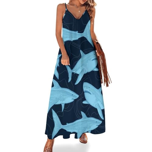 Robe d'été longue col en V fini soigné motif requin pour sublimer vos tenues de plage
