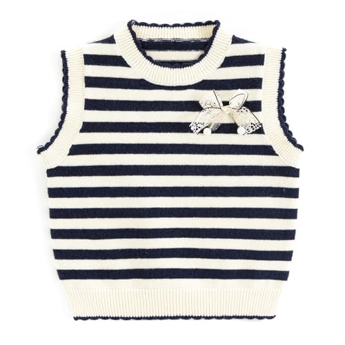 Girls Crew Neck Sweater Vest with Bow Striped Sleeveless Knit Sweater Pullovers Sweater for 3T-8T