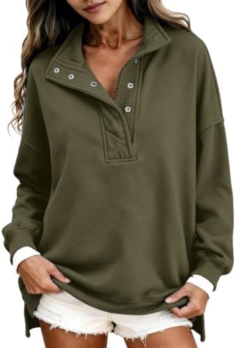 Half Zip Pullover Women Oversized Casual Cute Button Collar Pullover — view 2