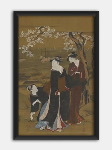 桜の木の下で 風景画、浮世絵木版画、アートポスター、室内装飾、、キャンバス、壁アート、プリント、アートボード 20x30cm 木枠付きの完成品