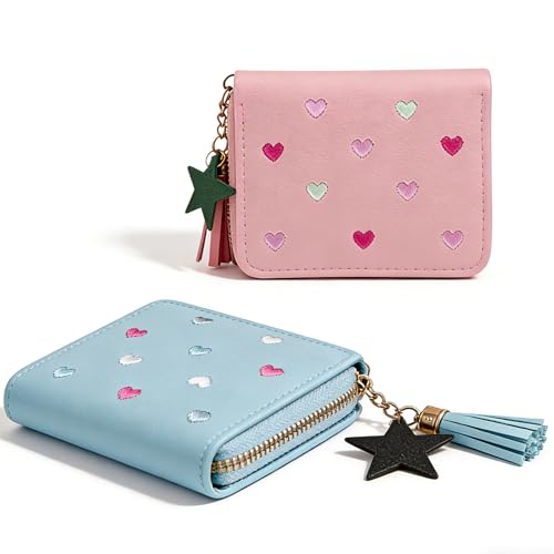 Girls Purse PU Leather Purse 2 Pcs Cute Wallet Set with Embroidery Hearts & Zip Tassel Slim Short Wallet with Coin Pocket for Kids Teens Women Gift(Blue Pink)