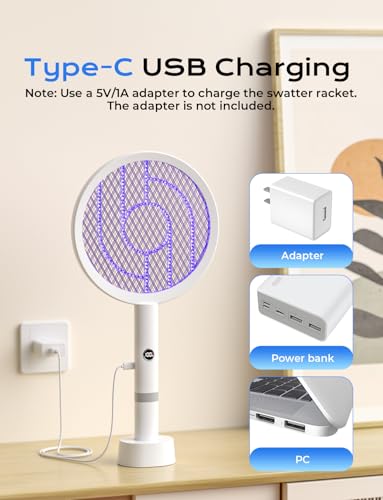 Image of YISSVIC Electric Fly Swatter Bug Zapper Racket 4000V LED Screen Dual Modes Fly Zapper Rechargeable for Indoor Home Office Backyard Patio Camping (White)