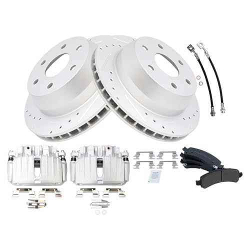 Image of TRQ Performance Rear Brake Pad and Rotor Set Semi Metallic Slotted Drilled Coated Rotors Calipers Compatible with 2002 Chevrolet Avalanche 1500 Suburban 1500 Tahoe GMC Yukon Yukon XL 1500