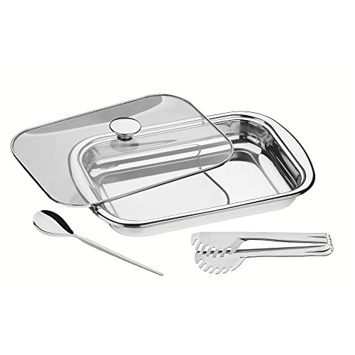 Tramontina 64310114 Kit para Assar e Servir Aço Inox com Tampa de Vidro com 3 Peças, Prata