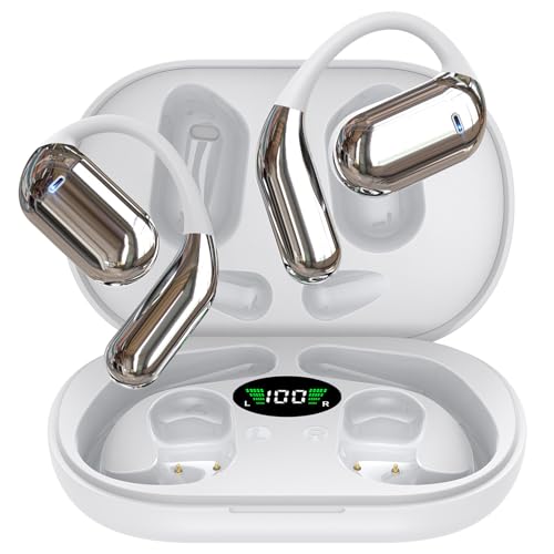 EUQQ Bone Conduction Headphones Wireless – Comfort Open Ear Earbuds with Ergonomic Earhooks, Secure Fit Earphones for Running, Sport Gym Ear Buds, IPX7 Resistant, Fast Charging, Bluetooth 5.4, White