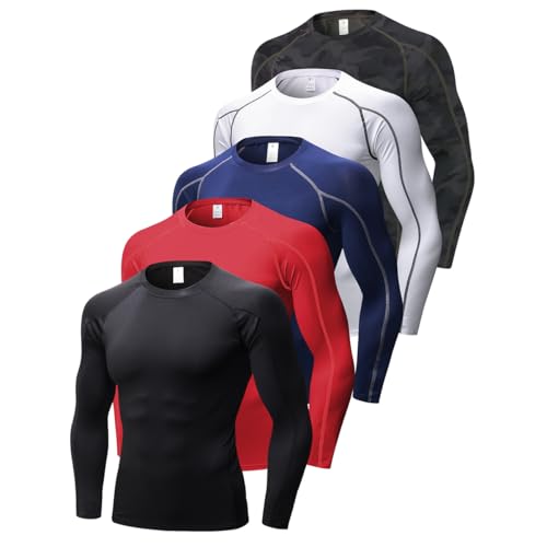 LNFINTDO 5 Pack Men's Compression Shirts Long Sleeve Athletic Workout Undershirt Quick Dry Sports Baselayers for Gym Running