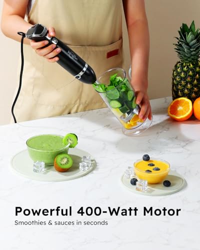 Sangcon Immersion Blender Handheld, 3-in-1 Hand Blender Electric, 400W Handheld Licuadora de mano, Stainless Steel Blade Stick Mixer with Whisk, Milk Frother Attachments - Black image 3