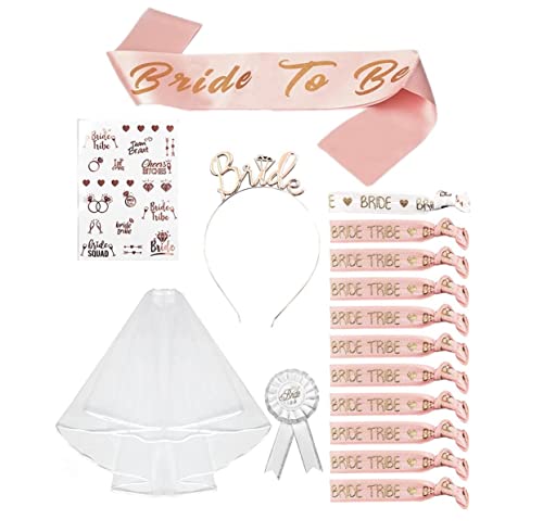 Kit Despedida de Soltera Accesorios 16PCS Complementos Despedida de Soltera Velo Novia, Banda y Diadema Despedida Soltera, Pulseras Novia&Amiga, Insignia, Tatuajes Fiesta Despedida de Soltero de Novia