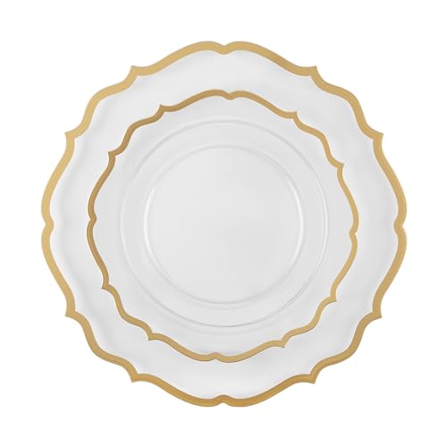 PLASTICPRO 128 Pack Elegant Disposable Plastic Plates Combo Set Bulk Pack Includes 64 Dinner Plates and 64 Salad Plates Heavy Duty Fancy Party Plates Clear with Gold Contemporary Design by PLASTICPRO - Image 7