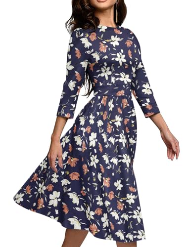 Image of Simple Flavor Women's Floral Vintage Dress Elegant Midi Evening Dress 3 /4 Sleeves