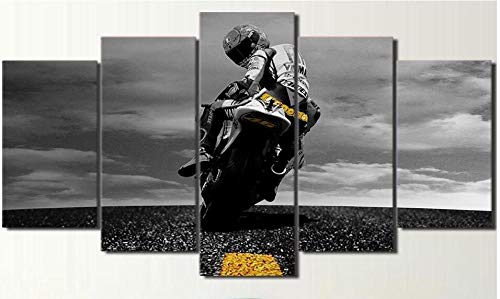 Impression sur Toile Image 5 Pieces Tableaux 100x55 cm,Valentino Rossi Moto Murals Absorption Acoustique Tableau Decoration